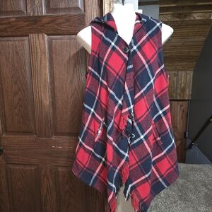 REWIND Red & Black Plaid Hooded Vest with Single Button Large